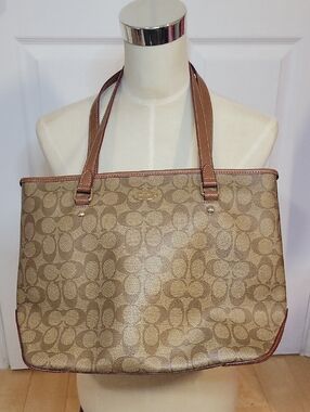 Coach Canvas Tote in Khaki and Brown